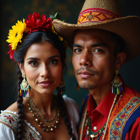 Portrait of a young couple in traditional clothes with flowers on their headsの素材