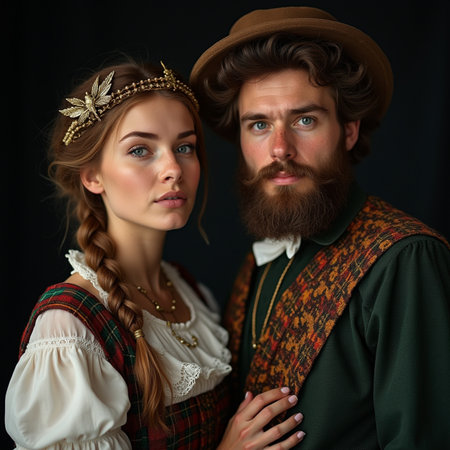 Portrait of a beautiful couple in traditional Bavarian clothes on a dark background.の素材