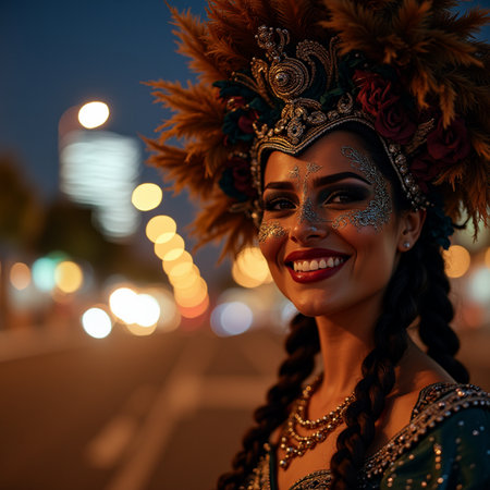 Portrait of a beautiful brunette woman in carnival costume at nightの素材
