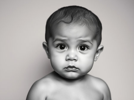 black and white portrait of a cute little baby on a gray backgroundの素材