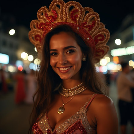 Beautiful girl in a red dress with a crown on her head.の素材