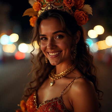Portrait of a beautiful young brunette woman in a crown of flowers on the street at nightの素材