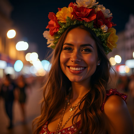 Portrait of beautiful young woman with flower wreath on her head in the city at nightの素材