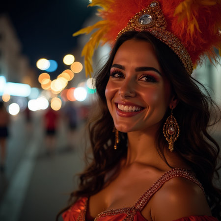 Portrait of a beautiful brunette girl in a carnival costume.の素材