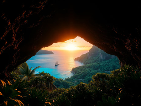 Beautiful view of the sea from the cave at sunset, Phi Phi island, Thailandの素材