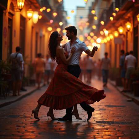 Young couple dancing flamenco in the streets of the city.の素材