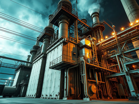 Structure of oil refinery at twilight time. Industrial background. Toned.の素材