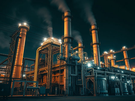 Industrial plant at night with smoke coming out of chimneys.の素材