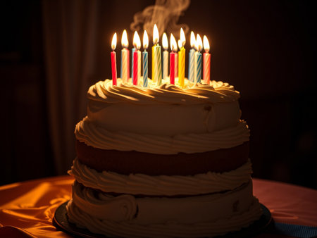 Birthday cake with burning candles on dark background. Shallow depth of fieldの素材