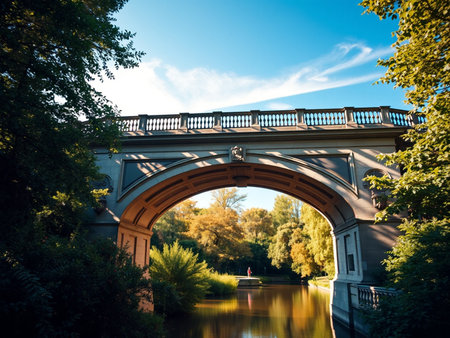 Beautiful view of the bridge over the canal in the city parkの素材