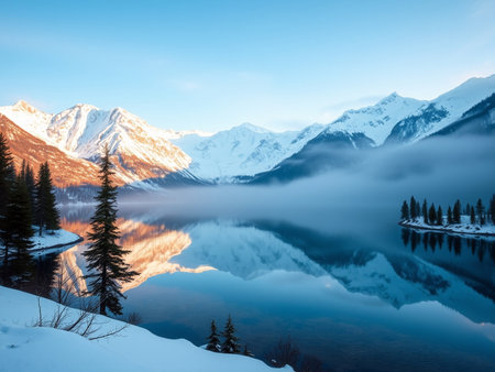 Mountains and lake at sunrise, Canadian Rockies, Alberta, Canadaの素材