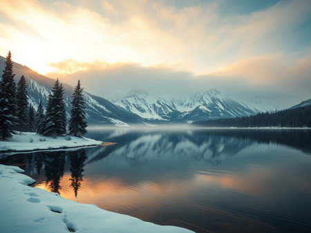 Beautiful winter landscape with snow covered mountains and lake in Canada.の素材