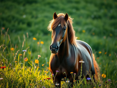 Beautiful Icelandic horse grazing in a meadow with flowers at sunsetの素材