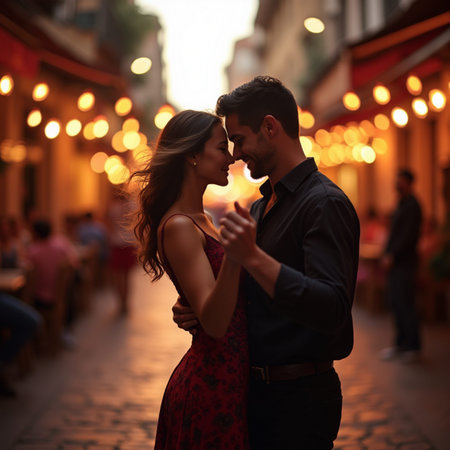Beautiful young couple in love kissing on the street in the eveningの素材