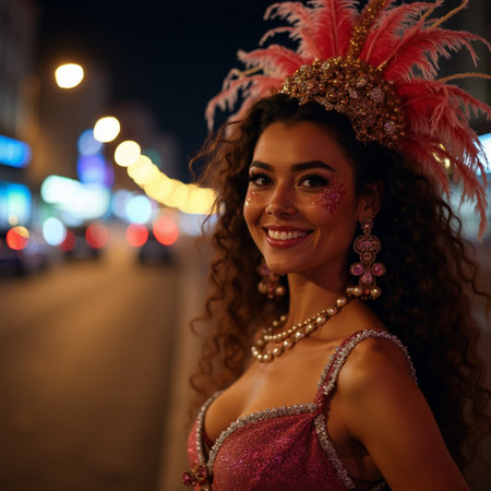 Beautiful girl in carnival costume on city street at night.の素材