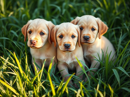 Labrador Retriever puppies sitting on green grass in the parkの素材