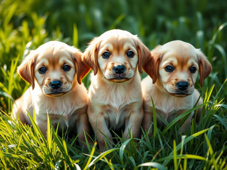 Three golden retriever puppies sitting on green grass in the park.の素材