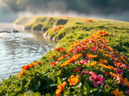 Colorful flowers on the seashore in the early morning.の素材