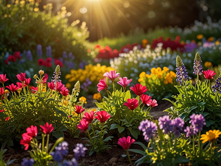 Flowerbed with colorful flowers in the garden at sunset time.の素材