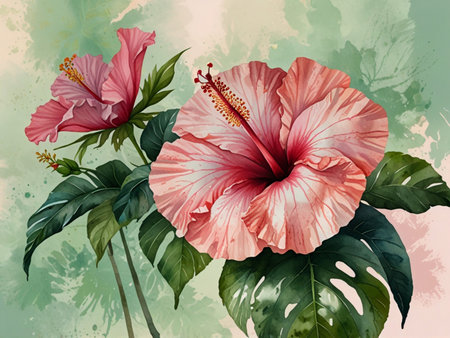 Hibiscus flowers with leaves on watercolor background. Vector illustration.の素材