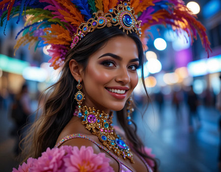 Portrait of a beautiful young brunette woman in carnival costumeの素材