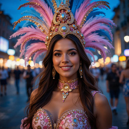 Portrait of a beautiful young brunette woman in carnival costume.の素材