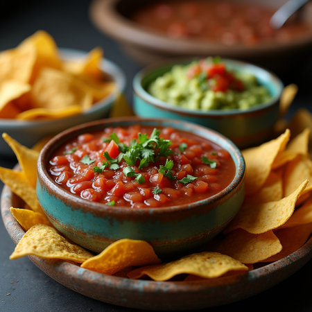 Bowls with tasty salsa and nachos on dark backgroundの素材