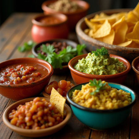 Mexican food. Bowls with guacamole, nachos, corn chips, salsa and guacamole sauce on wooden tableの素材