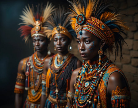 Portrait of three beautiful African women in traditional clothing and headdressの素材