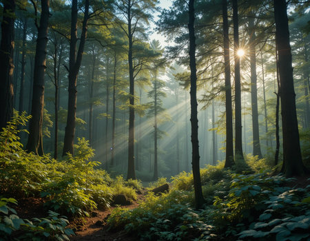 Morning in the forest with sunbeams and rays of light.の素材
