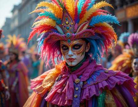 A fully costumed carnival activist walks through the city during the carnival procession (cortege) of the Carnivel at Basel 2017 (Basle - Switzerland).の素材