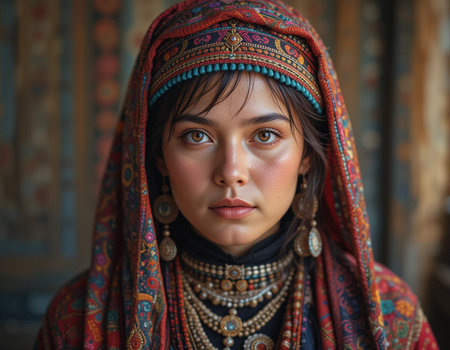 Close-up portrait of a beautiful young woman in traditional clothes.の素材