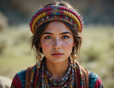 Portrait of a beautiful girl in ethnic clothes at the desert.の素材