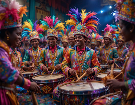 Unidentified group of people in colorful costumes play the drums during the annual carnival in Kuala Lumpur.の素材