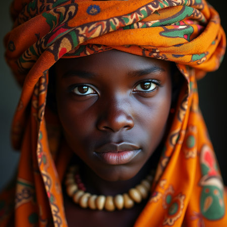 Portrait of a beautiful young African woman in a headscarf.の素材