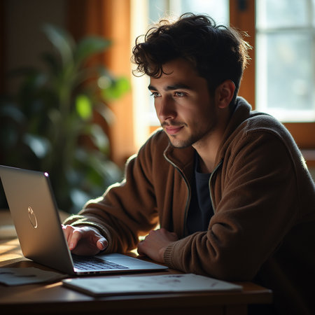 Young man working on laptop computer at home. Freelance concept.の素材