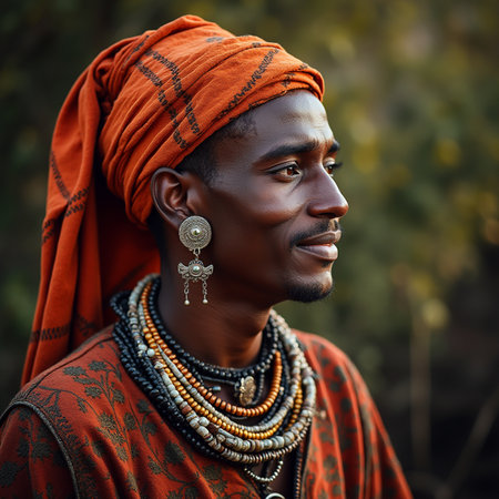 Portrait of a young African man wearing traditional clothes and accessories.の素材