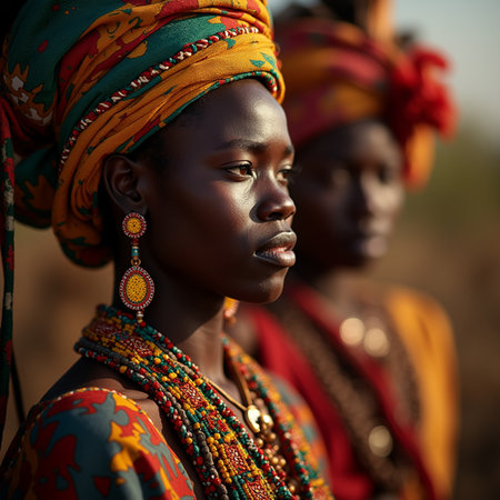 Beautiful African woman in traditional clothes standing in the field.の素材