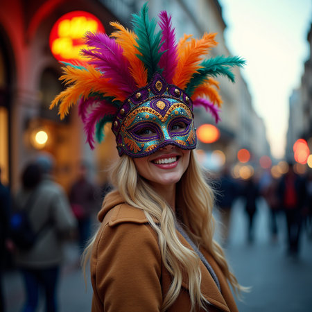 Beautiful young woman wearing a carnival mask in Paris, Franceの素材