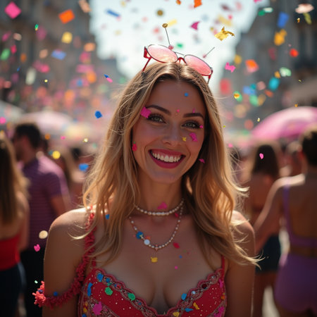 Portrait of a beautiful young woman in a pink dress and sunglasses dancing in the street with confettiの素材