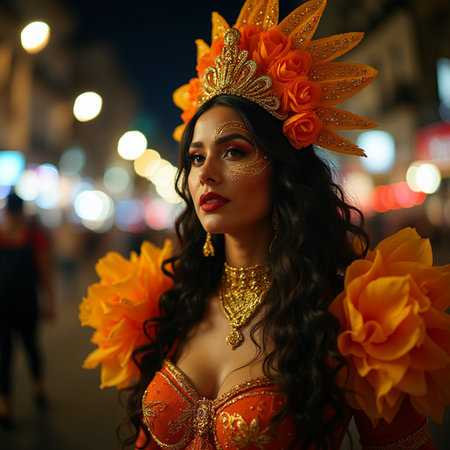 Beautiful young woman in carnival costume with orange flowers on the streetの素材