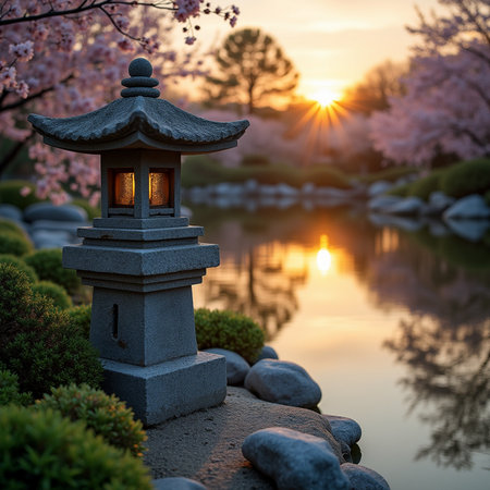 Lantern in a Japanese garden with cherry blossoms at sunsetの素材