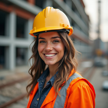 Portrait of a smiling female construction worker wearing a safety helmet.の素材