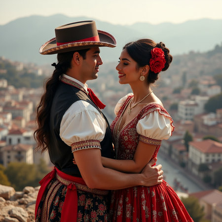 Young couple in traditional romanian clothes on the background of the cityの素材