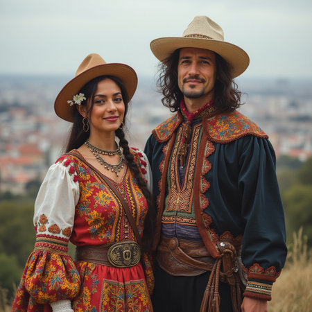 Portrait of a beautiful couple in traditional clothes on the background of the cityの素材