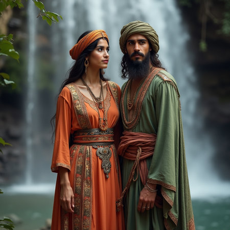 Beautiful young couple of Muslims in traditional clothing standing in front of a waterfallの素材