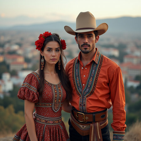 Couple in traditional clothes on the background of the old town.の素材