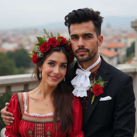 Wedding couple in traditional dress at the roof of the houseの素材