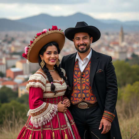 Portrait of a latin couple in traditional dress and sombrero posing on the background of the cityの素材