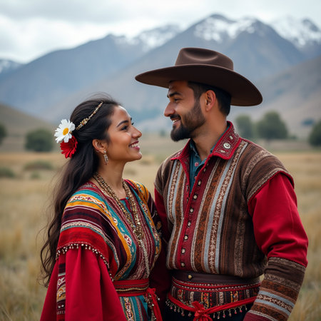 Couple in traditional clothes on a wheat field in the mountains.の素材